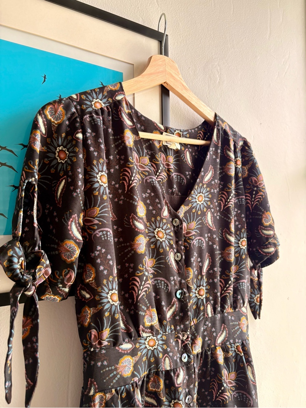 Floral Button-Front V-Neck Midi Dress in Brown